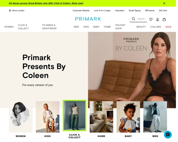 screenshot of Primark website
