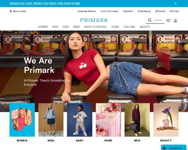 screenshot of Primark website
