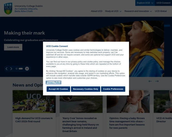 screenshot of University College Dublin website