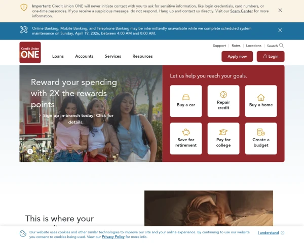 screenshot of Credit Union One website