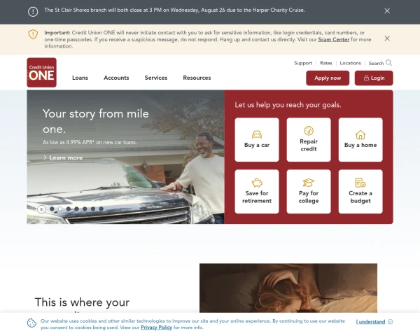 screenshot of Credit Union One website