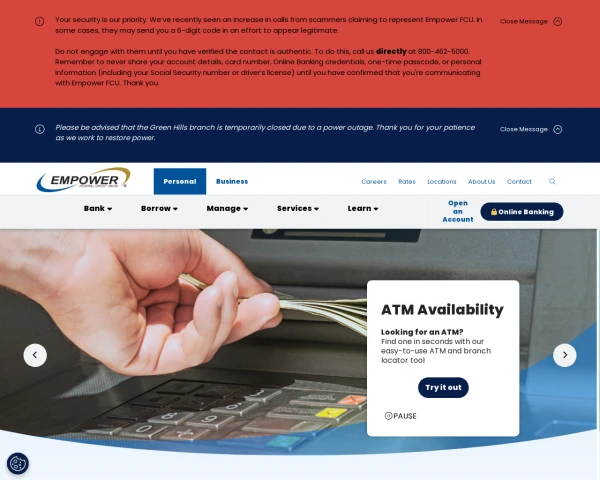 screenshot of Empower Credit Union website