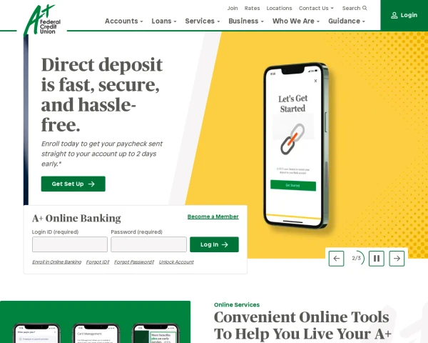 screenshot of A+ Credit Union website