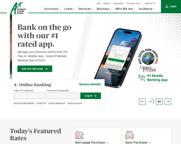 screenshot of A+ Credit Union website