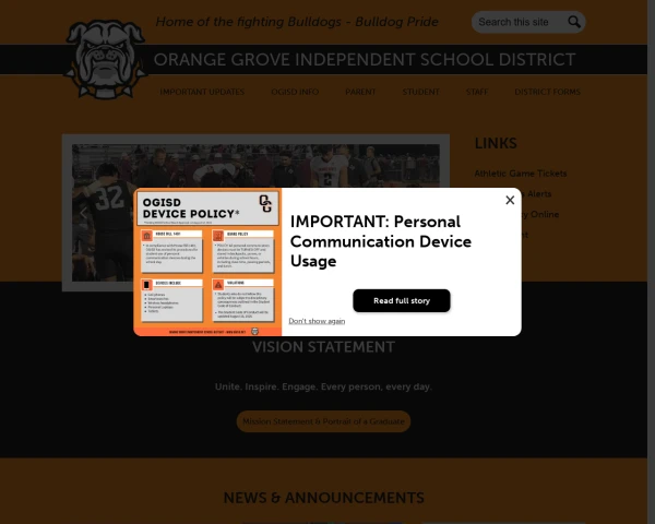 screenshot of Orange Grove ISD website