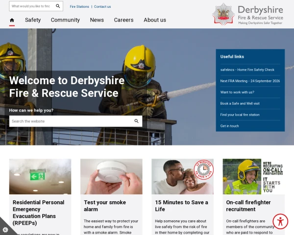 screenshot of Derbyshire Fire and Rescue Service website