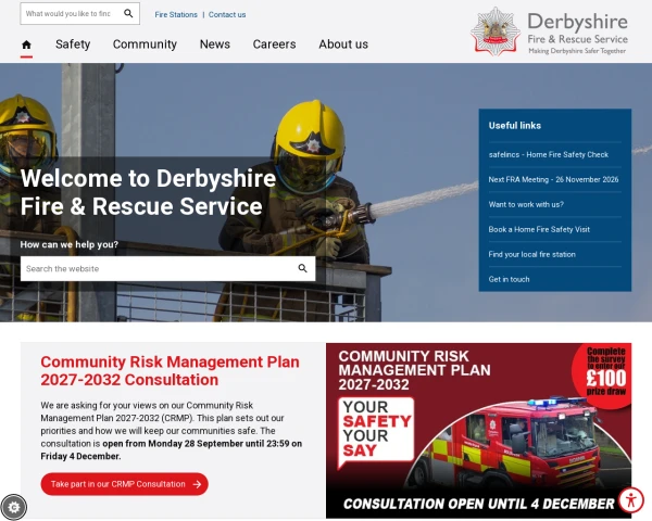 screenshot of Derbyshire Fire and Rescue Service website