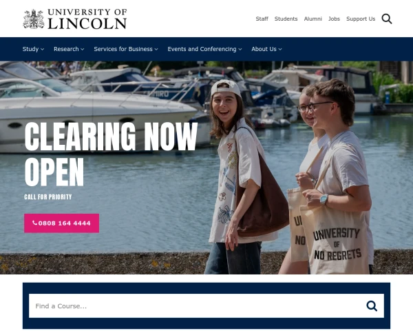 screenshot of University of Lincoln website