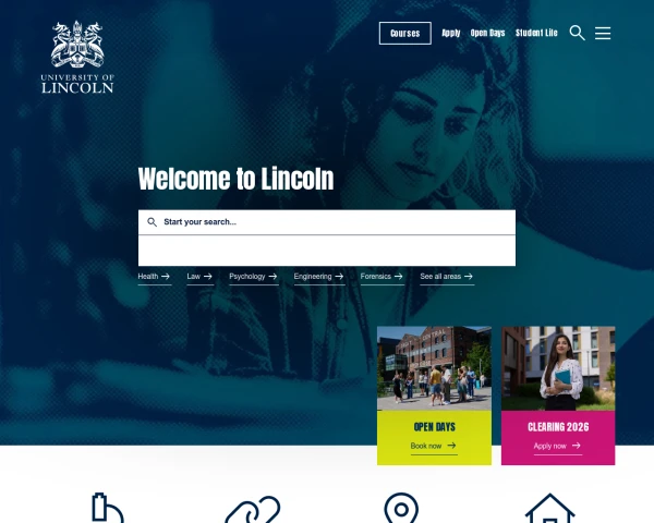 screenshot of University of Lincoln website