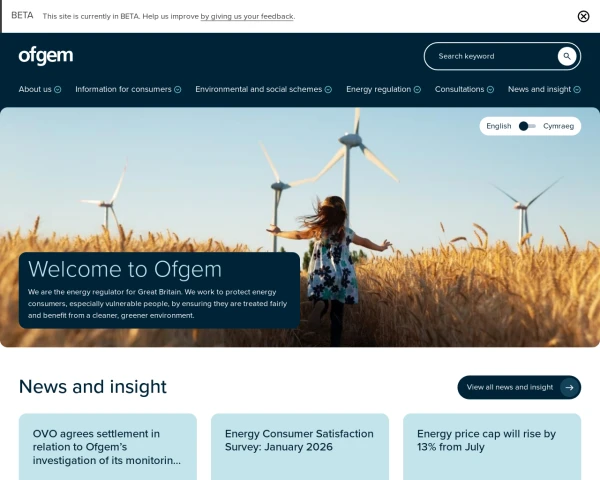 screenshot of Ofgem website
