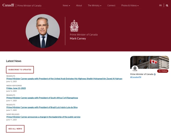 screenshot of Prime Minister of Canada website
