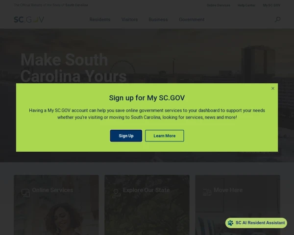 screenshot of State of South Carolina website