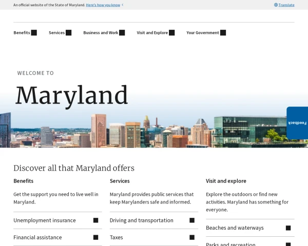 screenshot of State of Maryland website