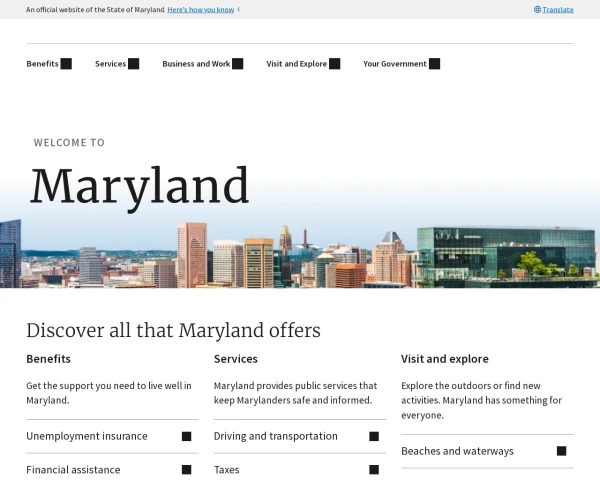 screenshot of State of Maryland website