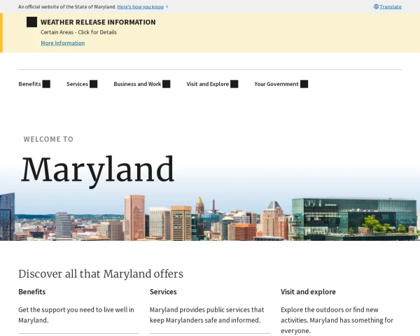 screenshot of State of Maryland website