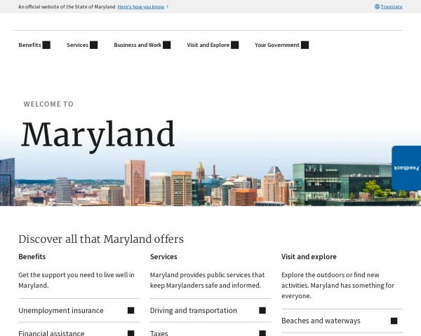 screenshot of State of Maryland website