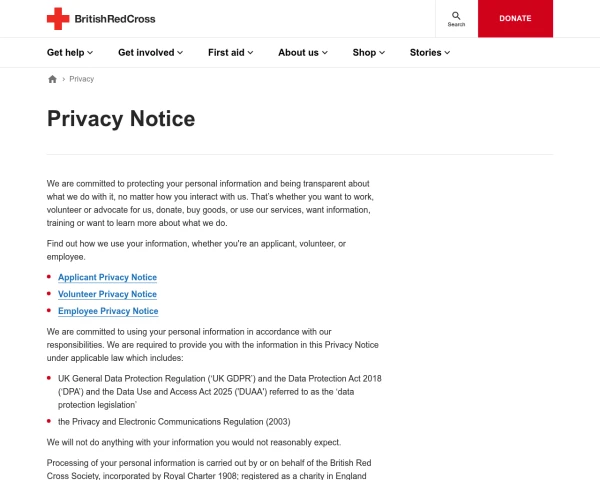 screenshot of British Red Cross website