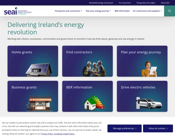 screenshot of Sustainable Energy Authority of Ireland (SEAI) website