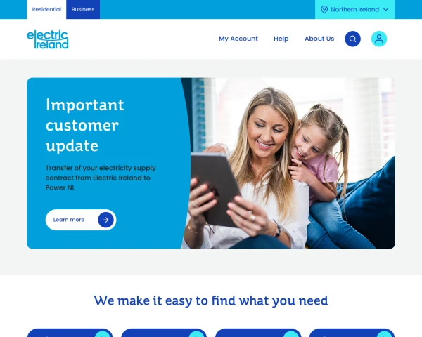 screenshot of Electric Ireland website