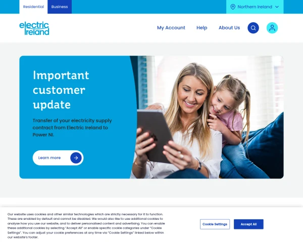 screenshot of Electric Ireland website