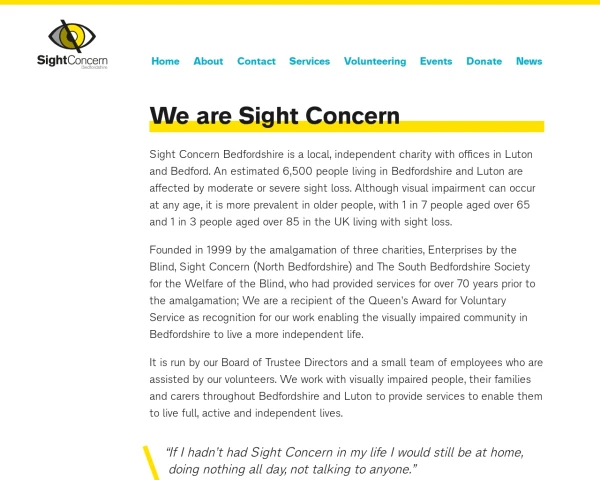 screenshot of Sight Concern Bedfordshire website