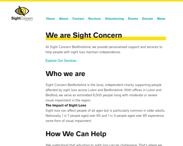 screenshot of Sight Concern Bedfordshire website