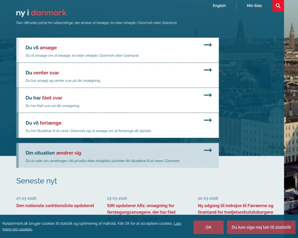 screenshot of Udlændingestyrelsen website