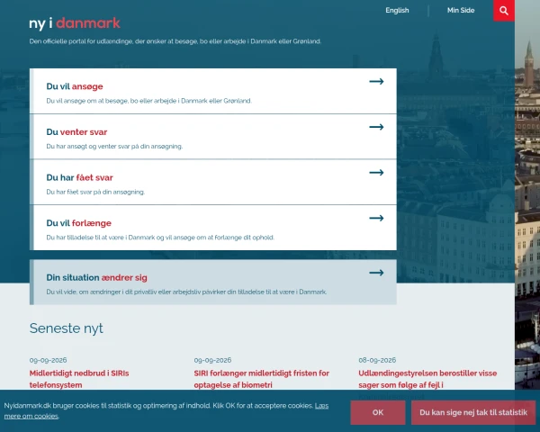 screenshot of Udlændingestyrelsen website