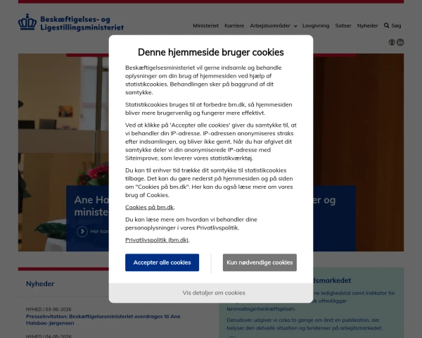 screenshot of Beskæftigelsesministeriet website