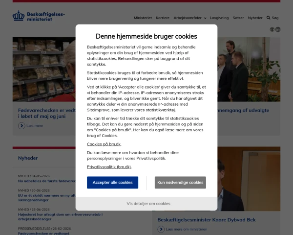 screenshot of Beskæftigelsesministeriet website