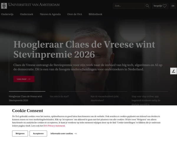 screenshot of University of Amsterdam website