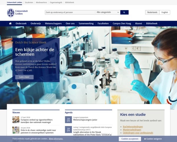 screenshot of Leiden University website