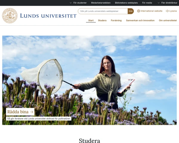 screenshot of Lunds Universitet website