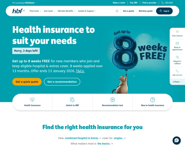 screenshot of HBF Health website