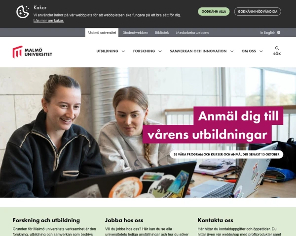 screenshot of Malmö universitet website