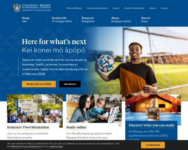 screenshot of Massey University website