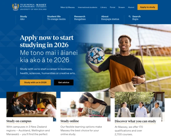 screenshot of Massey University website