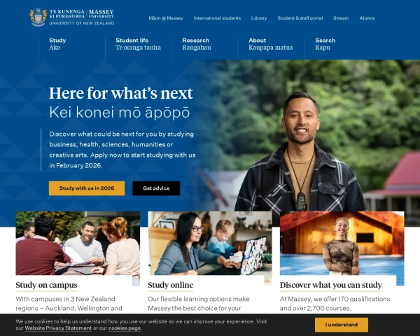 screenshot of Massey University website