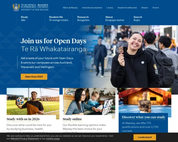 screenshot of Massey University website