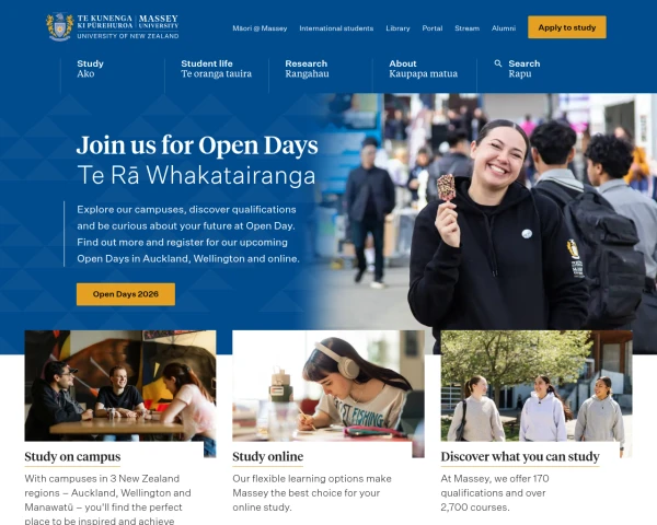 screenshot of Massey University website