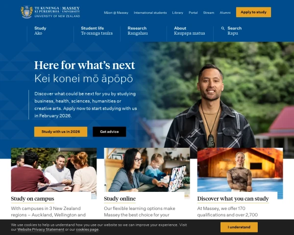 screenshot of Massey University website
