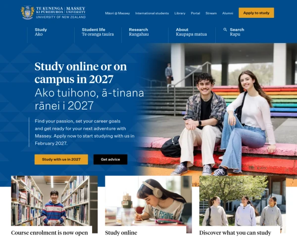screenshot of Massey University website