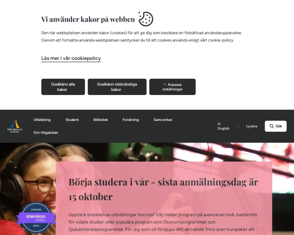 screenshot of Högskolan i Gävle website