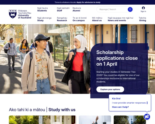 screenshot of University of Auckland website