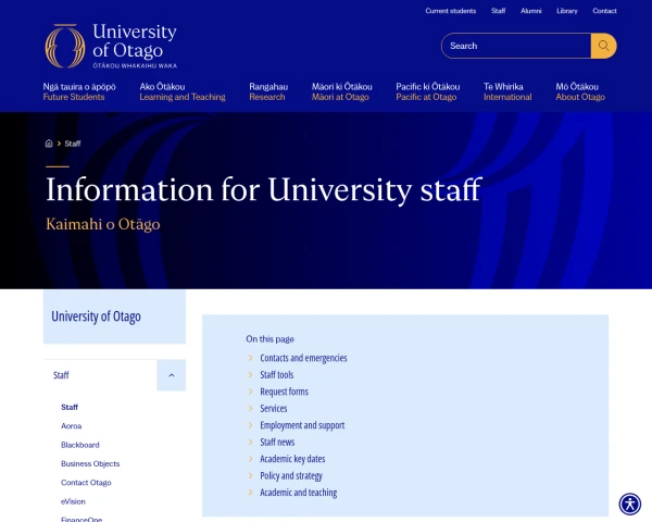 screenshot of University of Otago website