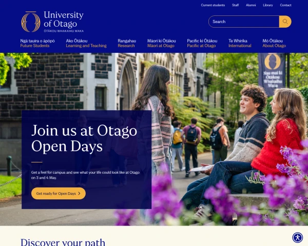 screenshot of University of Otago website