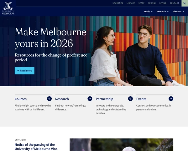 screenshot of University of Melbourne website