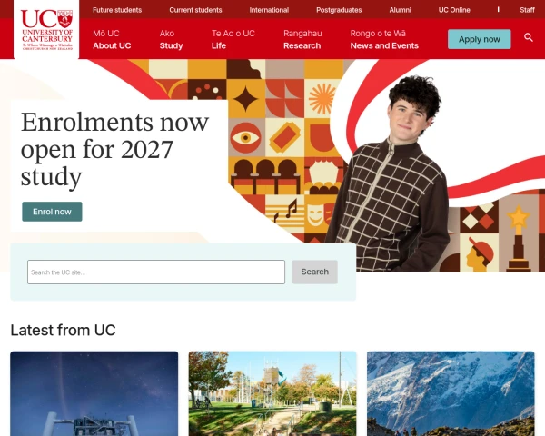 screenshot of University of Canterbury website
