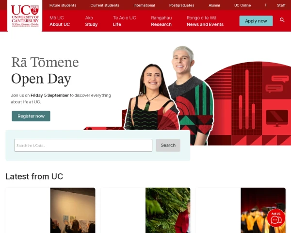 screenshot of University of Canterbury website
