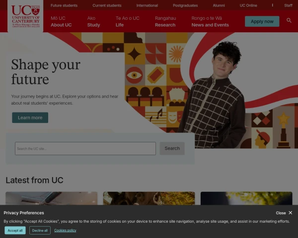 screenshot of University of Canterbury website